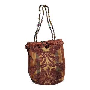 Vtg Y2K Beige Pink Tapestry Fringe Trim Beaded Handle Reversible Shoulder Bag